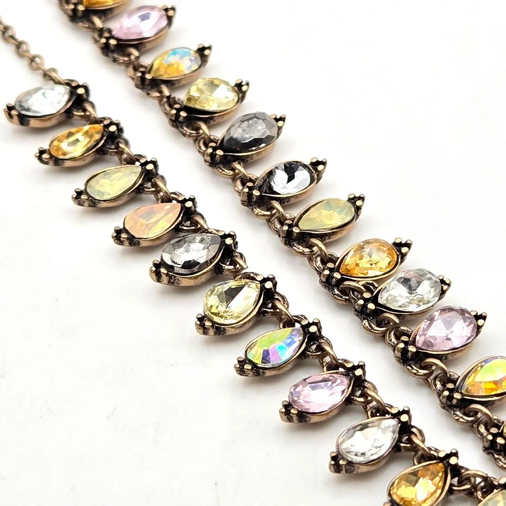 Brass Tone Multi Color‎ Crystal Teardrop Fringe Adjustable Necklace